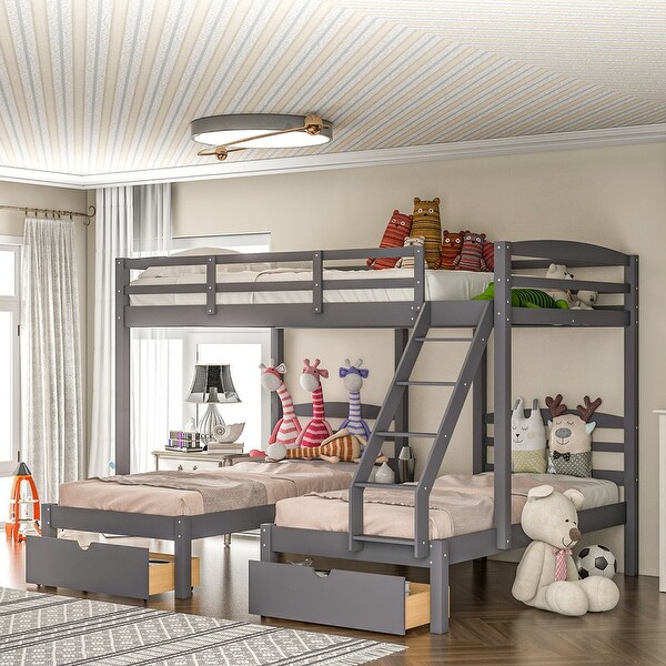 AOOLIVE Grey Full Over Double Twin Storage Bunk Bed with Drawers